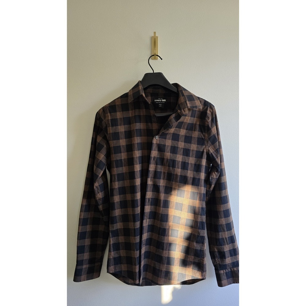 Express IMX Boys Dress Shirt L 14-16 Brown Plaid Cotton Extra Slim 14.5 Neck